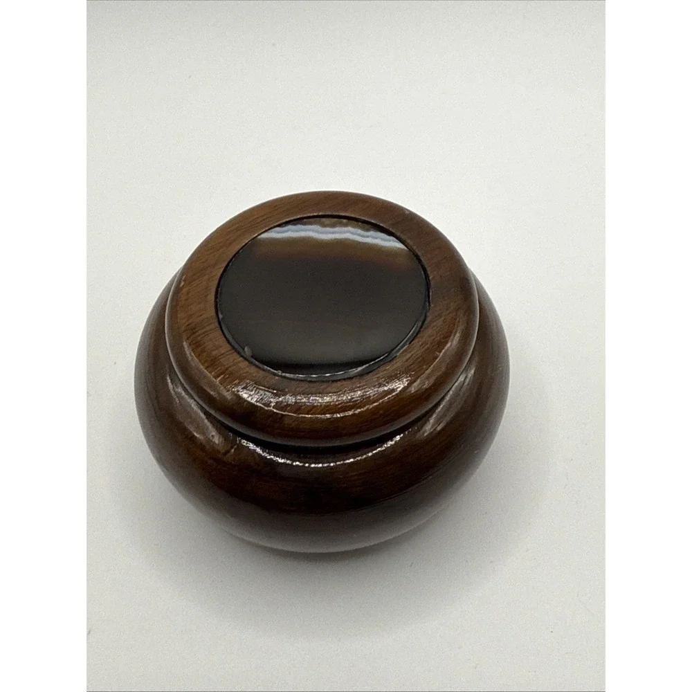 Vintage Wood & Agate Inlay Stone Box w/Lid Trinket Jewelry Ring Small Felt Lined